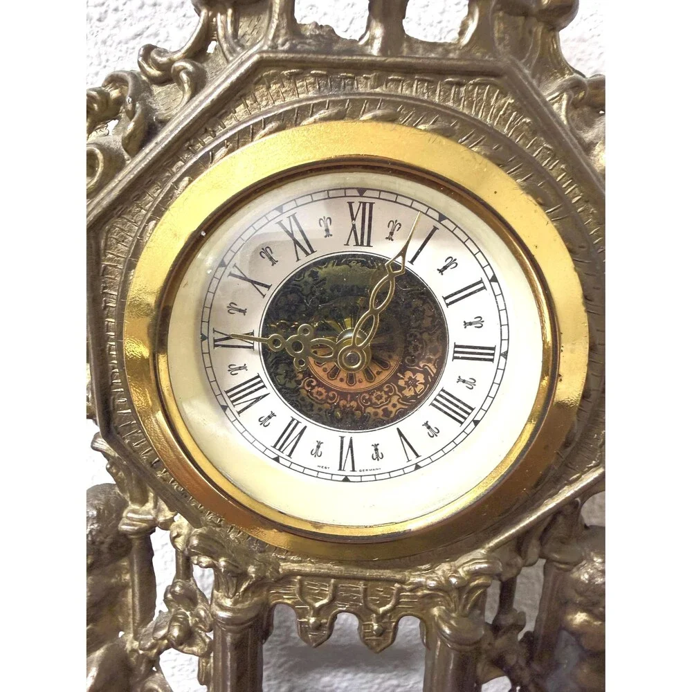 Vintage Brass Table Clock | Baroque Gothic Revival Mantel Clock